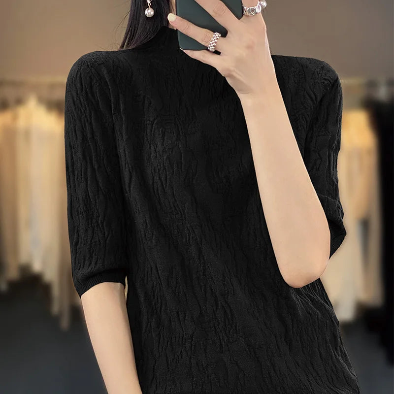 Spring and Summer2023 New Women's Half-high collar Short-Sleeved Exquisite Cashmere Sweater Pullover  Amaijoin