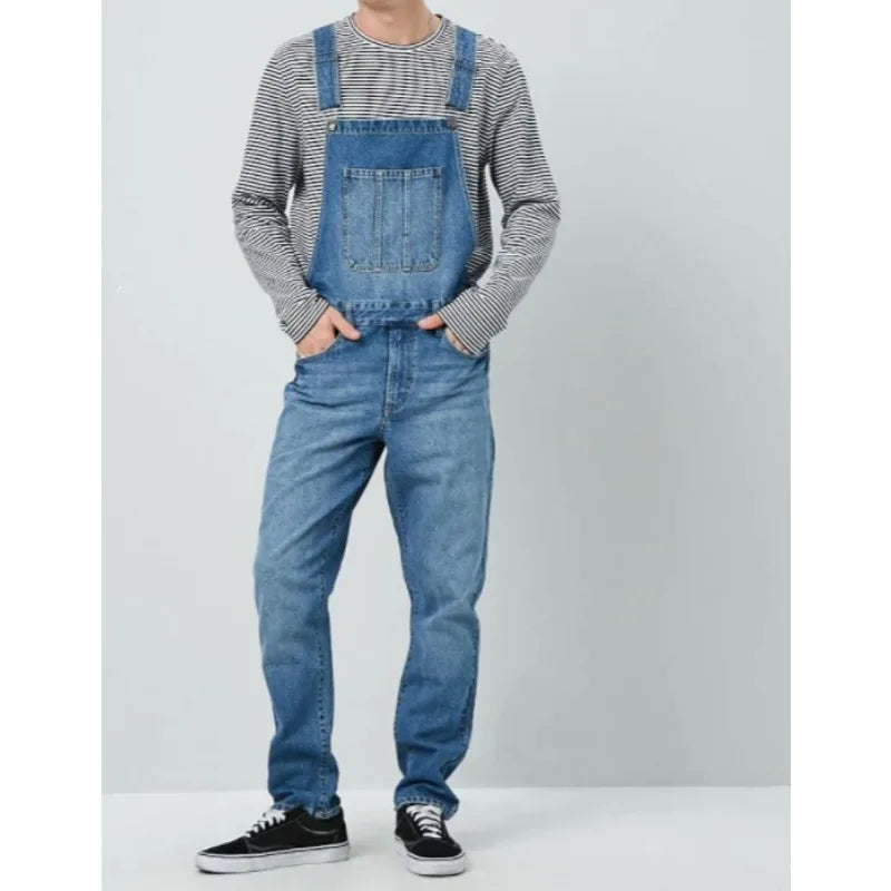 Men Casual Pocket Button Stitching Spaghetti Strap Jeans Autumn Vintage Jeans Jumpsuits Men Washed Straight-Leg Denim Jumpsuits  Amaijoin