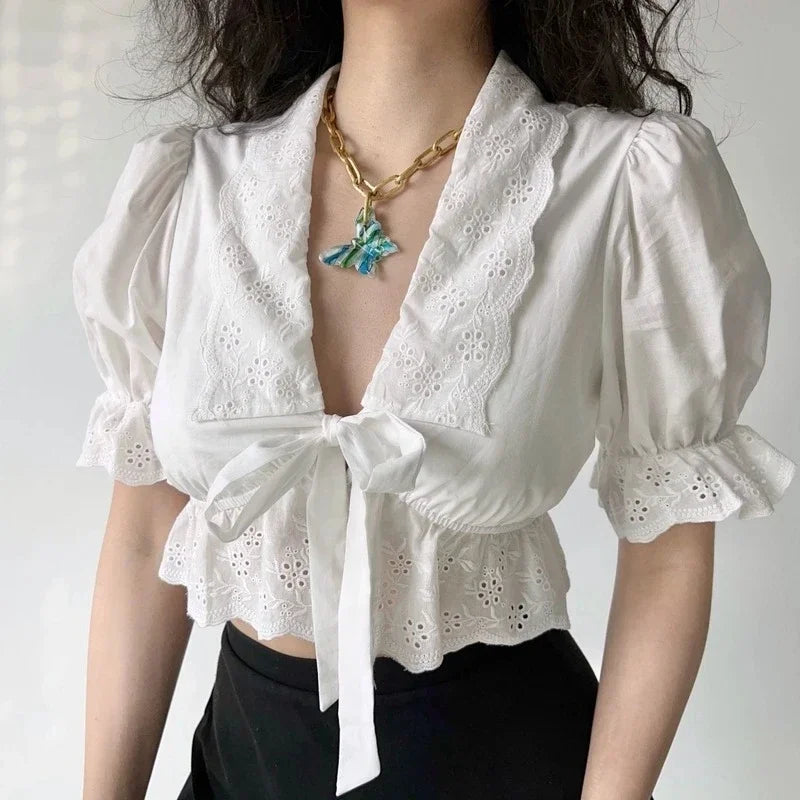 JOEVILU Palace Style White Shirt Sexy Bandage Puff Sleeve Embroidered Lace Top Women's Korean Fashion Crop Tops Victorian Blouse  Amaijoin