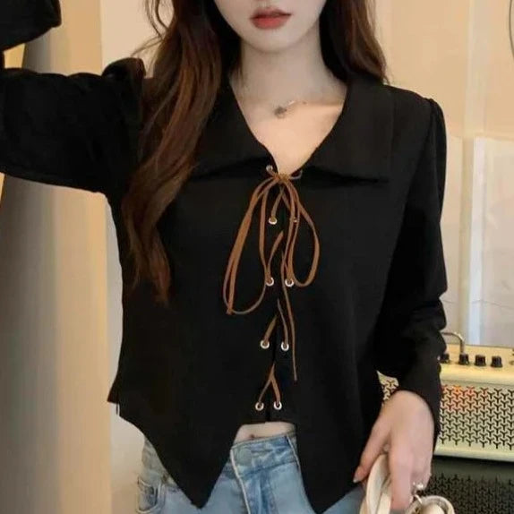 Sweet Bandage Short Tops Tees Spring Autumn New Polo Neck Long Sleeve Solid Color T Shirts Street Casual Fashion Women Clothing  Amaijoin