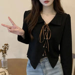 Carregue a imagem no visualizador da Galeria, Sweet Bandage Short Tops Tees Spring Autumn New Polo Neck Long Sleeve Solid Color T Shirts Street Casual Fashion Women Clothing  Amaijoin
