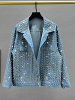 Carregue a imagem no visualizador da Galeria, [EWQ] Streetwear Patchwork Rivet Denim Jacket Women Fashion Lapel Long Sleeve Loose Coats Female Outerwear 2024 Autumn New Trend  Amaijoin
