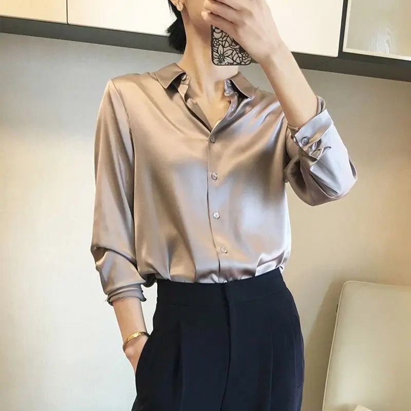 Luxury Blouses or Tops for Women Casual Loose Youth Long Sleeve Korean Chiffon Fashion Formal Silk Office Wear Satin Shirt Woman  Amaijoin