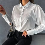 Carregue a imagem no visualizador da Galeria, Elegant Office Shirt For Women 2024 Spring Summer Fashion Diamond-encrusted Neck Long Sleeve White Loose Blouses And Tops Female  Amaijoin
