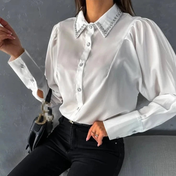 Elegant Office Shirt For Women 2024 Spring Summer Fashion Diamond-encrusted Neck Long Sleeve White Loose Blouses And Tops Female  Amaijoin