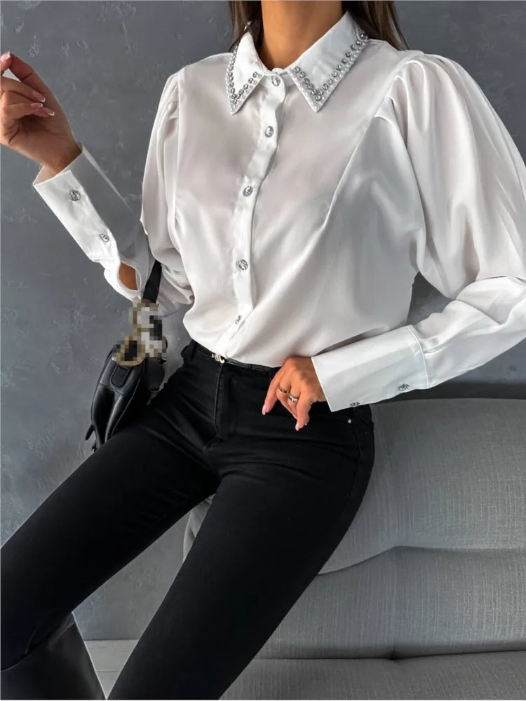 Elegant Office Shirt For Women 2024 Spring Summer Fashion Diamond-encrusted Neck Long Sleeve White Loose Blouses And Tops Female  Amaijoin