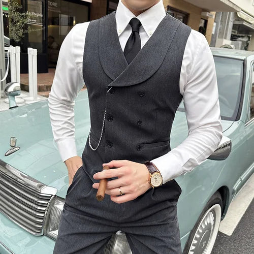 High Quality Autumn Double Breasted Suit Vest Men Business Formal Sleeveless Vest Slim Fit Wedding Groom Banquet Party Waistcoat  Amaijoin