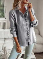 Carregue a imagem no visualizador da Galeria, Fashion New Women Shirt Elegant Office Ruched Stand Collar Single Breasted Long Sleeve Top Causal Solid Comfort Simple Shirt  Amaijoin
