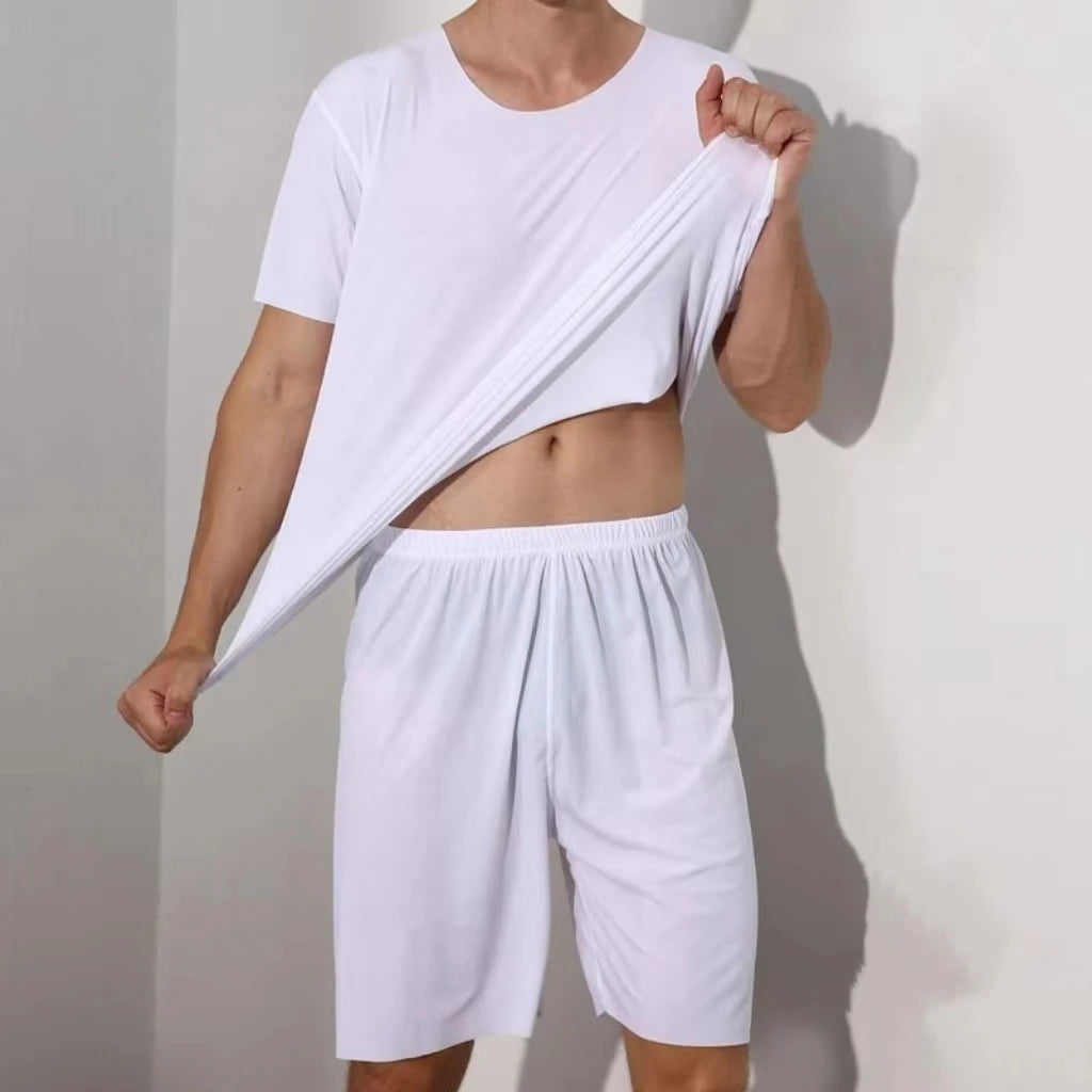 Men's Two-Piece Ice Silk Pajamas Men's Summer Thin Modal Short-Sleeved Pajamas Homewear Men's Large Size Pajamas Homewear Set  Amaijoin