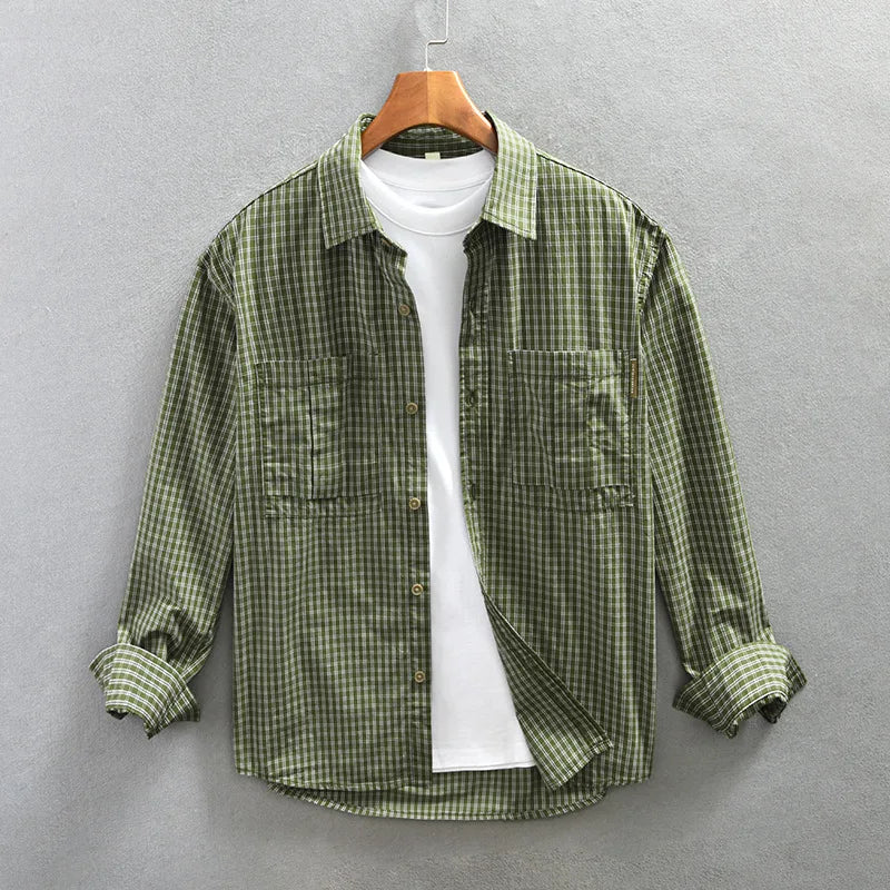 Z215 Spring Fall Fashion Men's Vintage Plaid Shirt Classical Business Casual Loose Versatile Lapel Blouses 100% Cotton Tops Male  Amaijoin