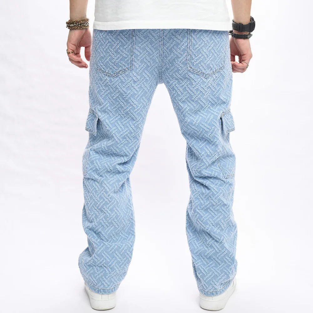 2023 Autumn Men Loose Multiple pockets Straight Jeans Male Trousers Streetwear Stylish Hip Hop Denim Pants  Amaijoin