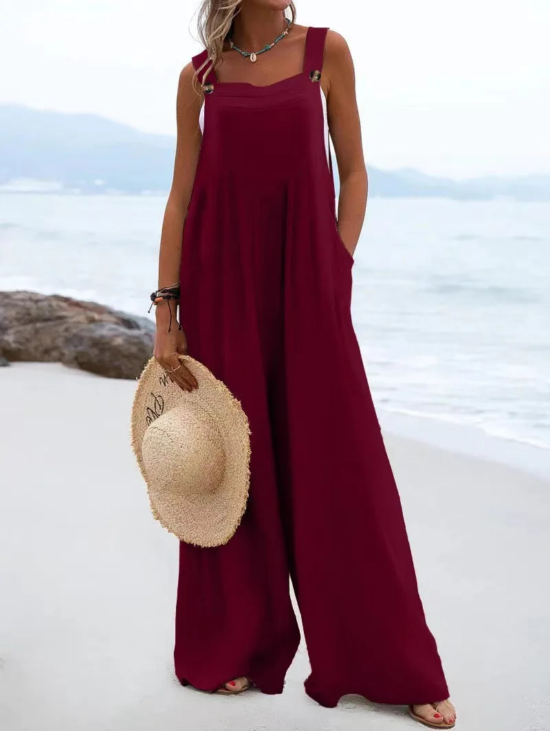 2023 Spring/Summer New Ethnic Style Fashion Solid Color Wide Leg Jumpsuit Quick Sale Tongfa European and American Women's Cross  Amaijoin