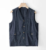 Carregue a imagem no visualizador da Galeria, Japan Style Harajuku Men 100% Linen Vest Thin Simple Casual Loose Tops High Quality Yarn-Dyed Multi-Pockets Sleeveless Waistcoat  Amaijoin
