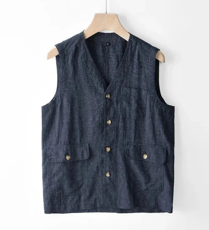 Japan Style Harajuku Men 100% Linen Vest Thin Simple Casual Loose Tops High Quality Yarn-Dyed Multi-Pockets Sleeveless Waistcoat  Amaijoin