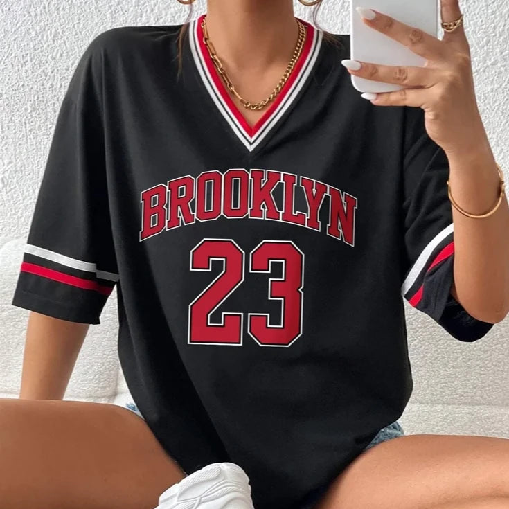 Brooklyn Number 23 T-Shirt For Men Women Summer Oversized V-neck Tee Harajuku Trend Short Sleeve Female Streetwear Tops Unisex  Amaijoin