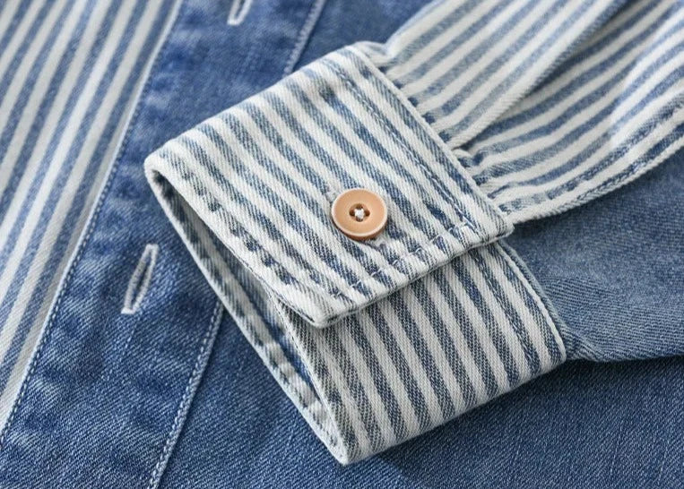 New Men's Denim Shirts Spring High Street Loose Full Sleeves Jean Tops Stripe Patchwork Designer Shirt Youth Fashion Overshirt  Amaijoin