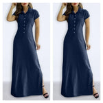 Carregue a imagem no visualizador da Galeria, Europe And America Cross Border New Long Dress Shirt Collar Split Pocket Large Swing Dress Large Casual Denim Dress  Amaijoin
