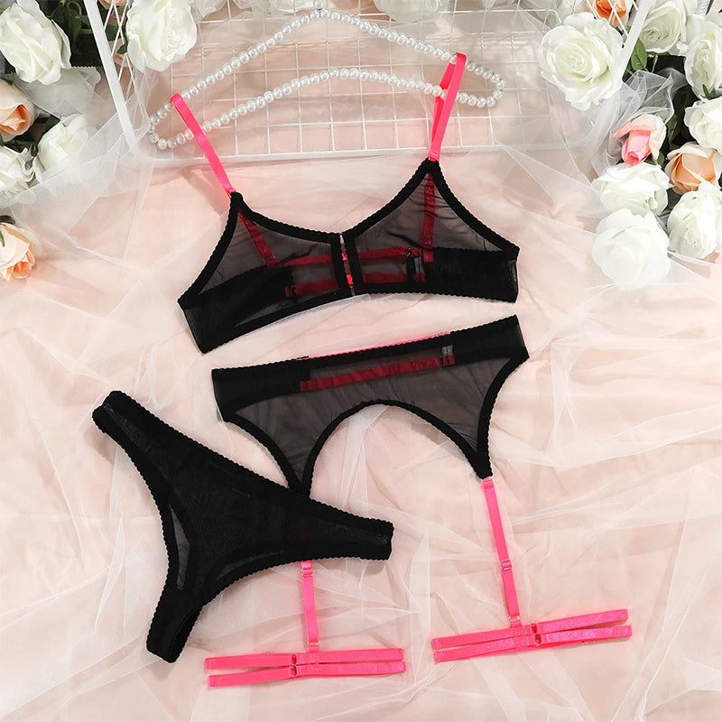 Sexy Erotic Lingerie Women Bra And Panty Garters 3pcs See-Through Wire Free Solid Underwear Half Cup Push Up Breves Sets  Amaijoin