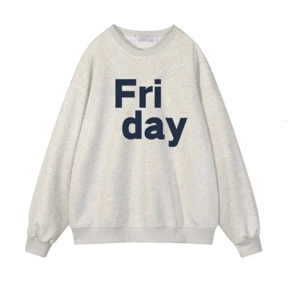 Women Soft O Neck Ladies Vintage Pullovers Casual Tops Hirsionsan 2024 New Spring Autumn Casual “Friday” Letter Print Sweatshirt  Amaijoin