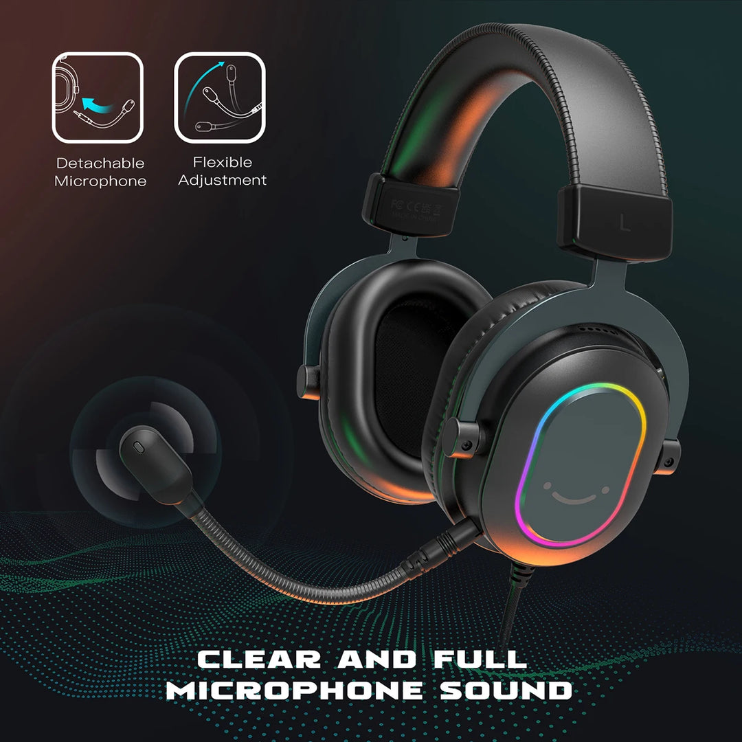 Fifine Dynamic RGB Gaming Headset with Mic Over-Ear Headphones 7.1 Surround Sound PC PS4 PS5 3 EQ Options Game Movie Music  Amaijoin