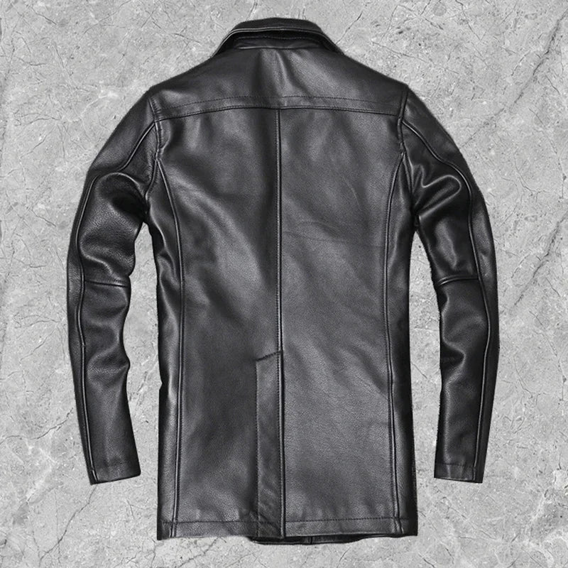 New Men's Genuine Leather Jacket Male Cowhide Overcoat Autumn Winter Business Coat Trench Style Double Breasted Clothes Calfskin  Amaijoin