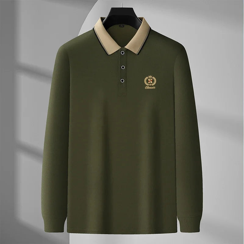 New Men's Casual Embroidery Long Sleeve Polo Shirt Fashion Solid Color Top  Amaijoin