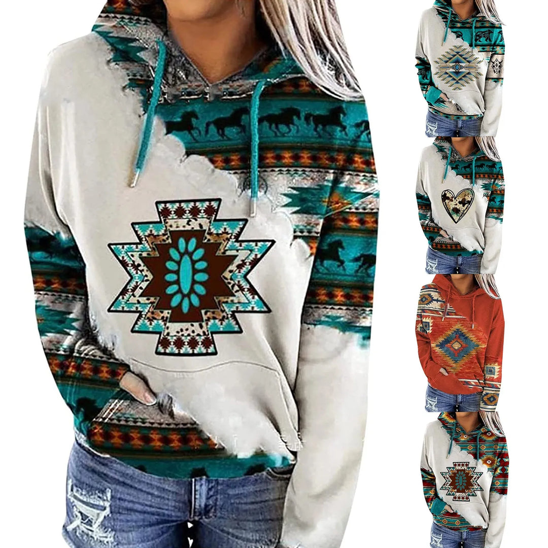 Womens Casual Geometric Horse Print Long Sleeve Drawstring Pullover Tops, Ethnic Style Hooded Sweatshirt  Amaijoin