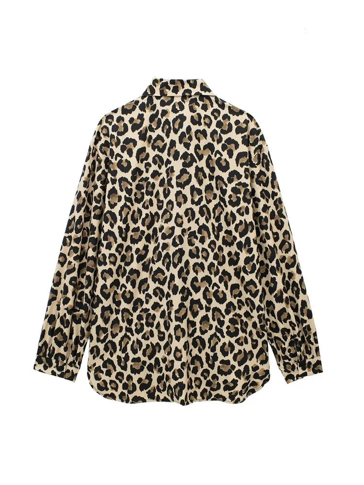 TRAF-Long Sleeve Leopard Shirts for Women, Button-up Blouses, Animal Print, Chic Tops, Female Fashion  Amaijoin