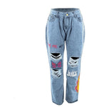 Load image into Gallery viewer, LW Butterfly Letter Print Ripped Jeans Women Casual Denim Pants Street Trousers slim stretch denim pencil pants (No Stretch)  Amaijoin
