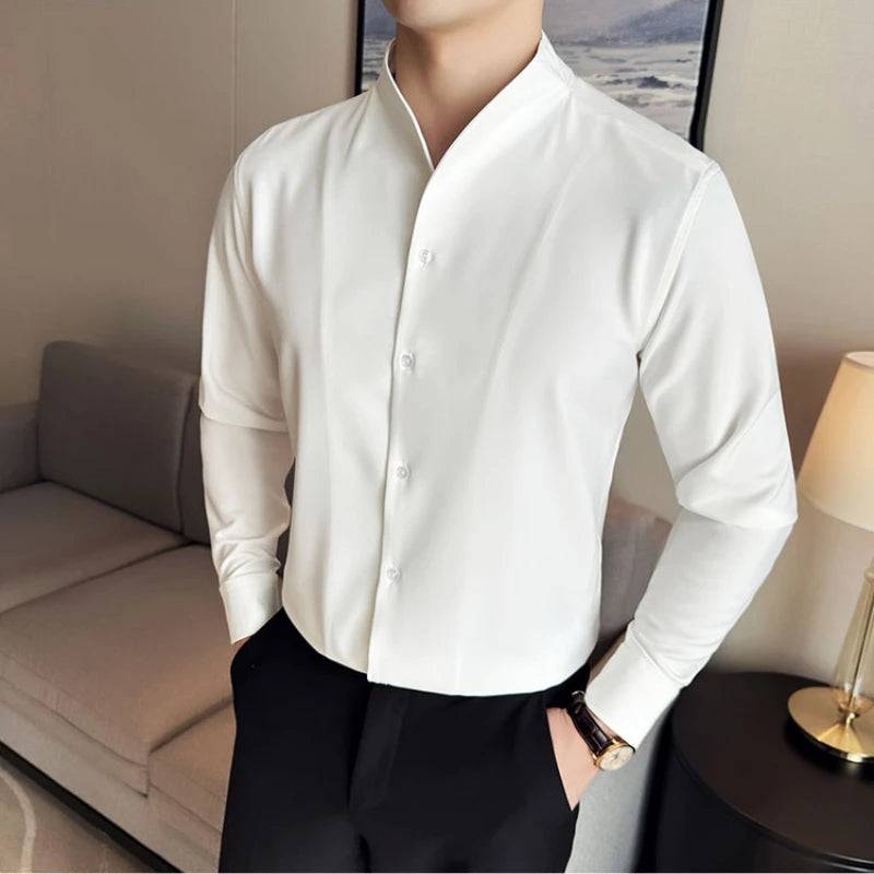 Sexy V-neck Shirt Men's Long Sleeved Casual Shirts Collarless Seamless Business Dress Shirt Social Party Tuxedo Blouse M-4XL  Amaijoin