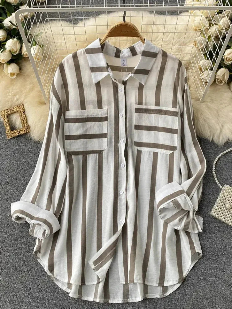 Fashion Woman Blouse 2023 Medium Length Vertical Stripe Shirt Jacket for Women's Korean Casual Loose Fitting Elegant Top  Amaijoin