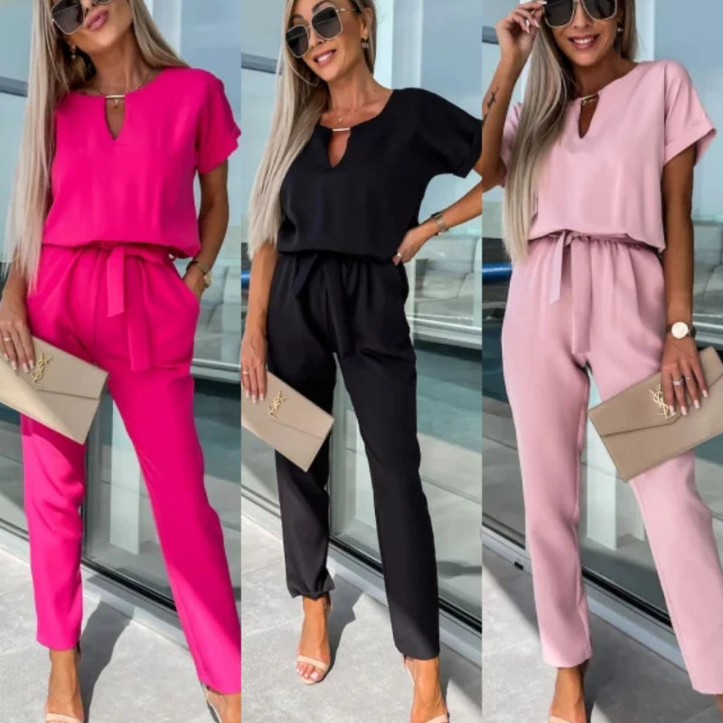 Summer Short Sleeve Hollow Out V-neck Elastic Waist Female Overalls with Belt Lady Ankle-length Pencil Pants Jump Suit for Women  Amaijoin