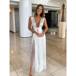 Carregue a imagem no visualizador da Galeria, Elegant Tassel Hollow Out Long Dress for Women Sexy Patchwork Backless Split Sleeveless Robe Holiday Lady Beach Party Vestidos  Amaijoin
