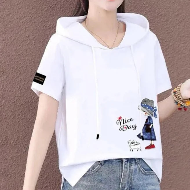 Short Sleeve Summer Thin White T-shirt Women Casual Fashion Top Loose Style Polyester Fabric Cartoon Design  Amaijoin