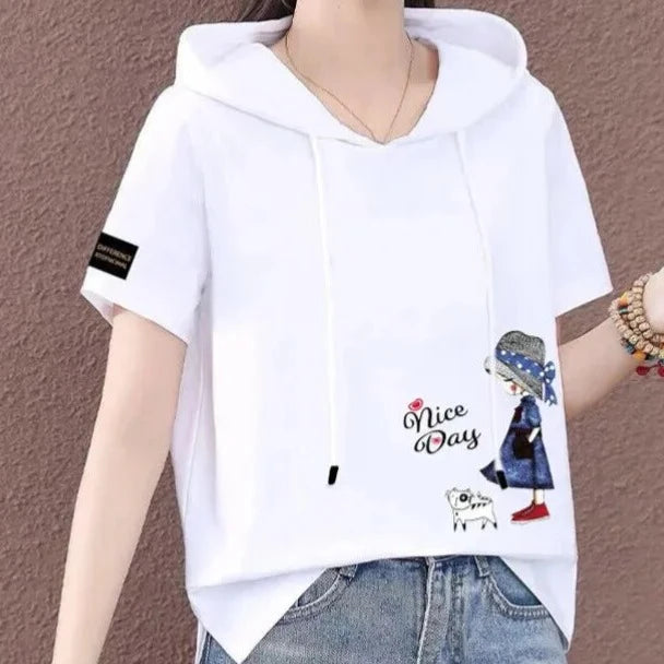 Short Sleeve Summer Thin White T-shirt Women Casual Fashion Top Loose Style Polyester Fabric Cartoon Design  Amaijoin