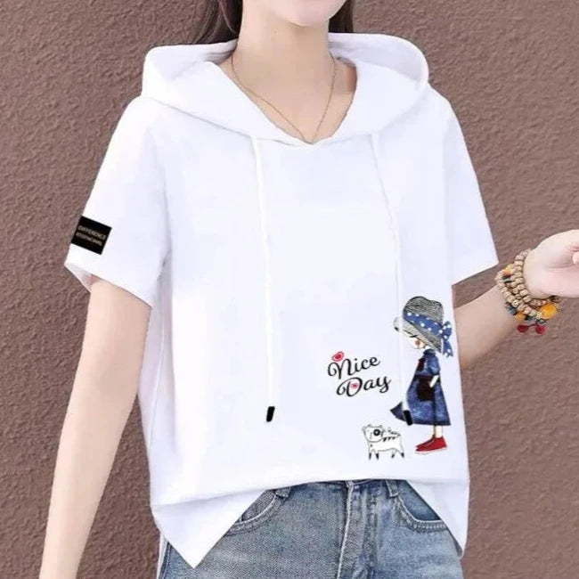 Short Sleeve Summer Thin White T-shirt Women Casual Fashion Top Loose Style Polyester Fabric Cartoon Design  Amaijoin