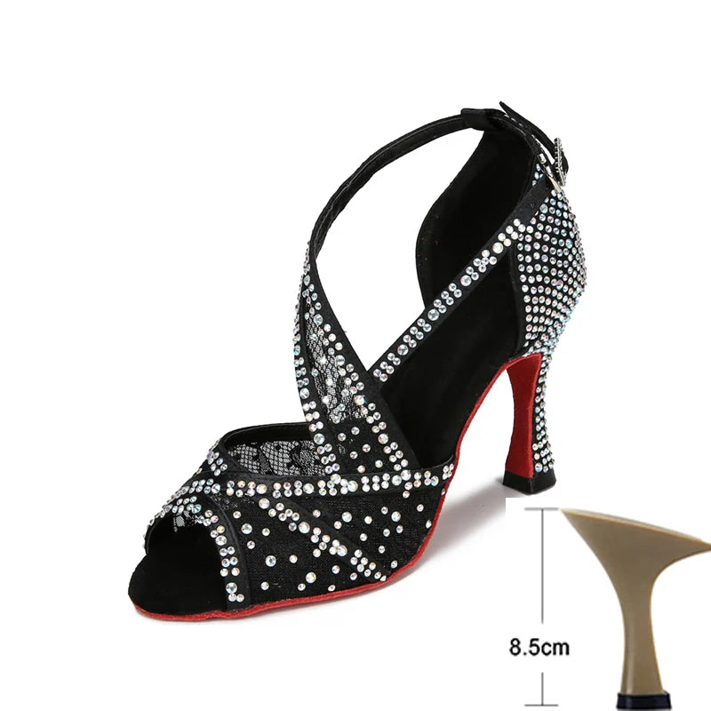 Mesh Breathable Latin Dance Shoes Women's High Heel Diamond 2024 Summer Sandals Indoor Soft Bottom Jazz Tango Sasa Free Shipping  Amaijoin