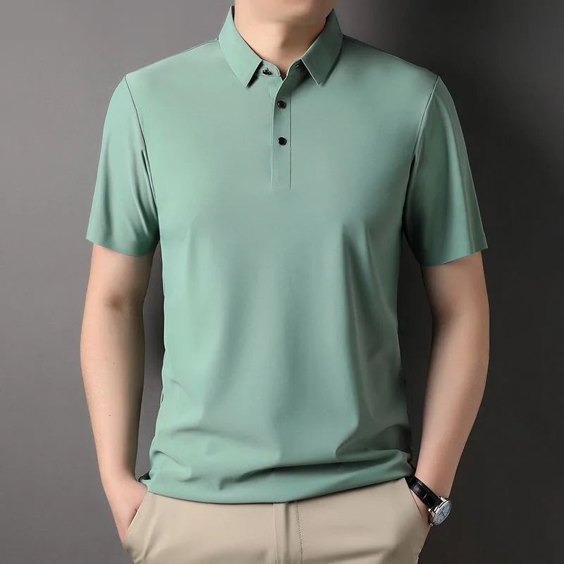 High quality wrinkle resistant ice silk short sleeve t-shirt men's summer Lapel loose casual solid color top high-end polo men  Amaijoin