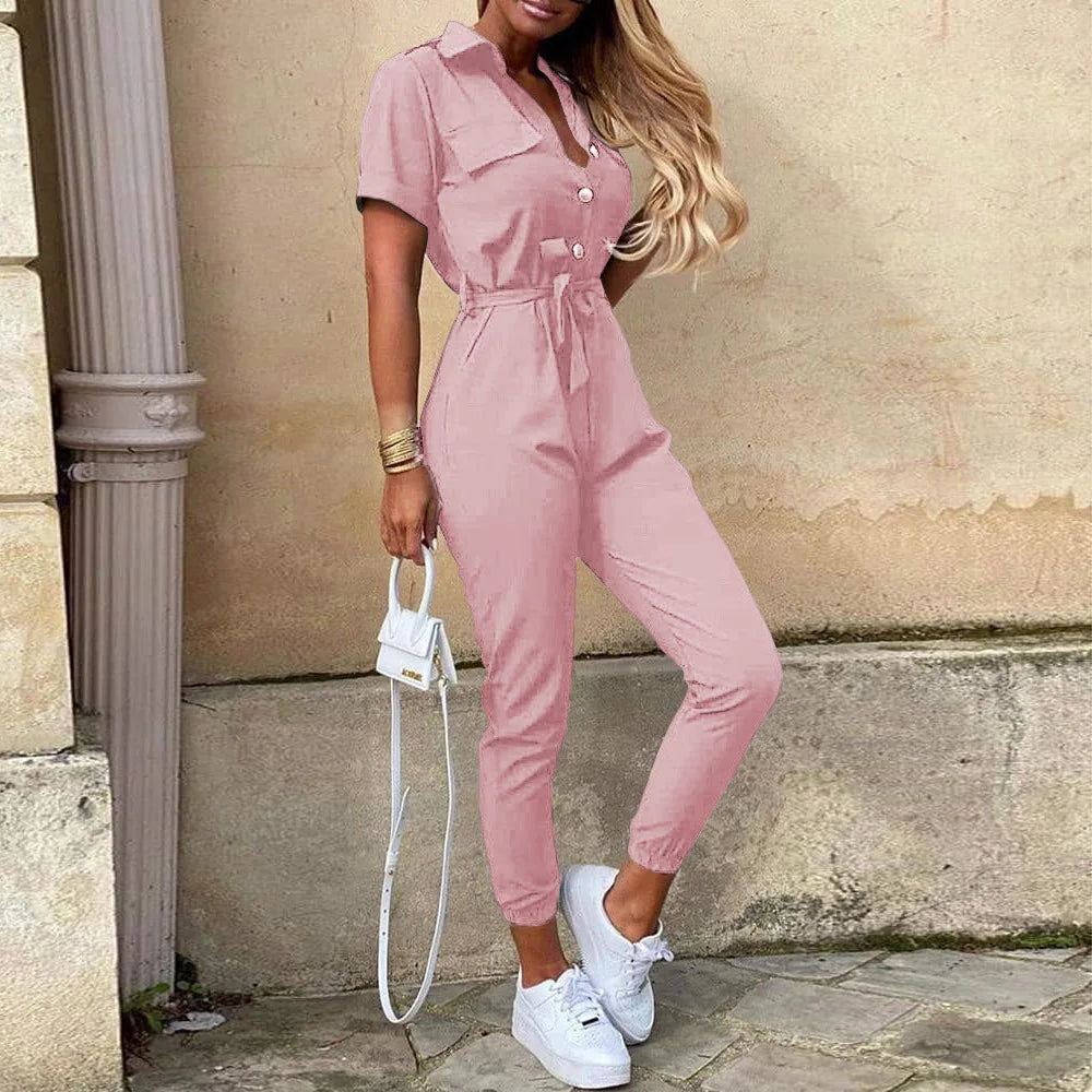 Women's Monochromatic Belt Workwear Jumpsuit, Casual Pants, Flip Collar, Buckle, European and American, Summer, 2023  Amaijoin