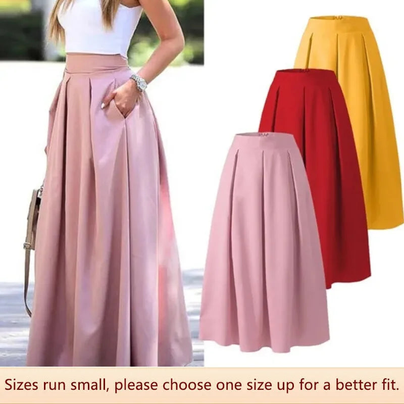 2022 European American Trade Wish Cross-border Solid Color High-waisted Skirt Long Dress Pleats  Amaijoin