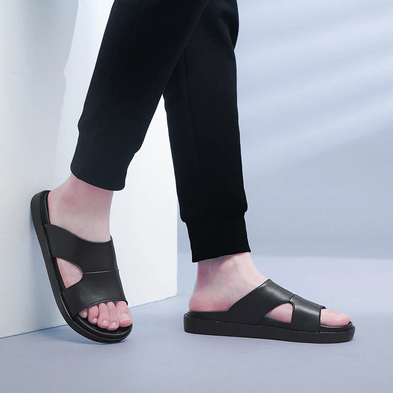 High-quality New Summer Men Black Thick Bottom Sandals Genuine Leather Quality Beach Slippers Casual Shoes Outdoor Beach Shoes  Amaijoin