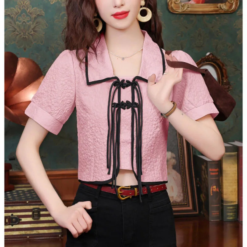 Women's 2024 New Summer Pullovers Contrast Color Polo-Neck Jacquard Button Elegant Chic Slim Commuter Short Sleeve Chiffon Tops  Amaijoin