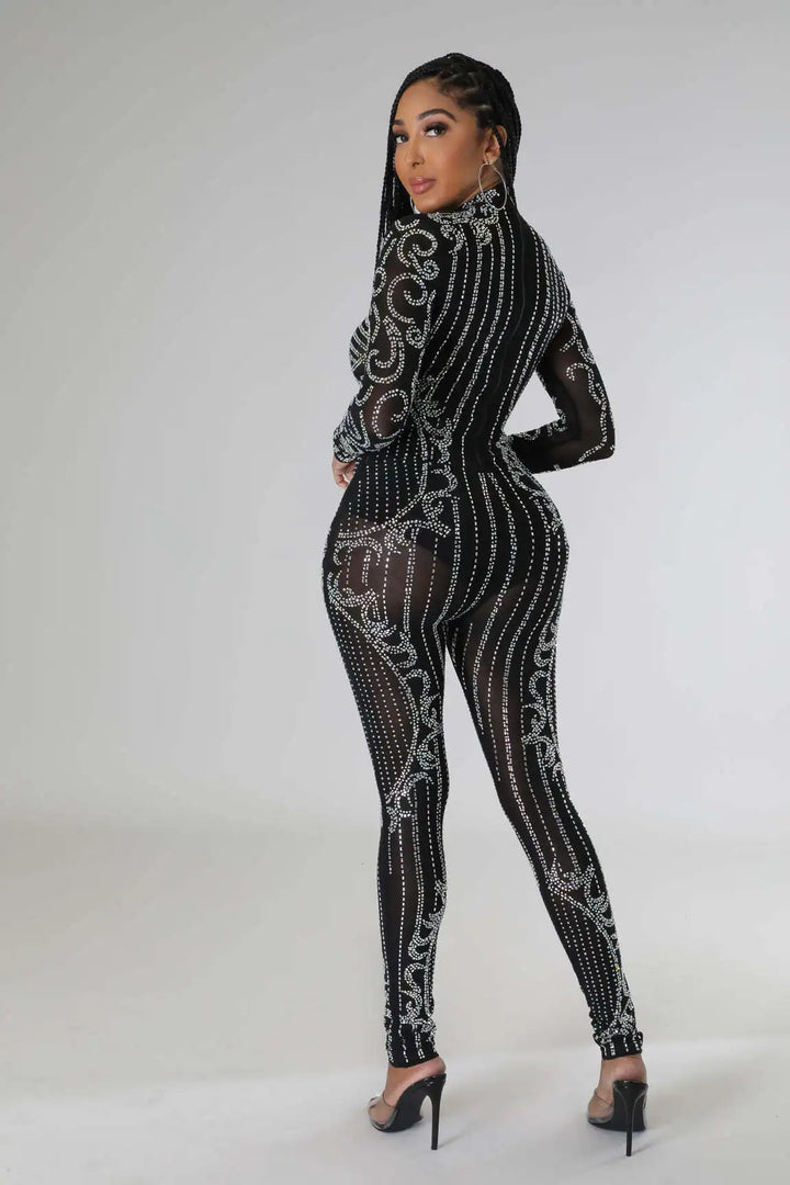 Perspective Hot Diamond Long Sleeve Party Nightclub Jumpsuit  Amaijoin