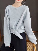 Carregue a imagem no visualizador da Galeria, Stylish Grey Sweatshirts Autumn Winter Women Plain Long Sleeve Belt Waist Loose Casual Oversize Pullovers Korean Short Jumper  Amaijoin
