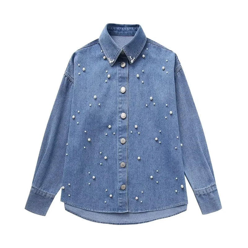 KEYANKETIAN Autumn New Women's Pearl Embellished Denim Shirt French Style Fashion Buttons Long Sleeve Loose Crop Top Chemise  Amaijoin