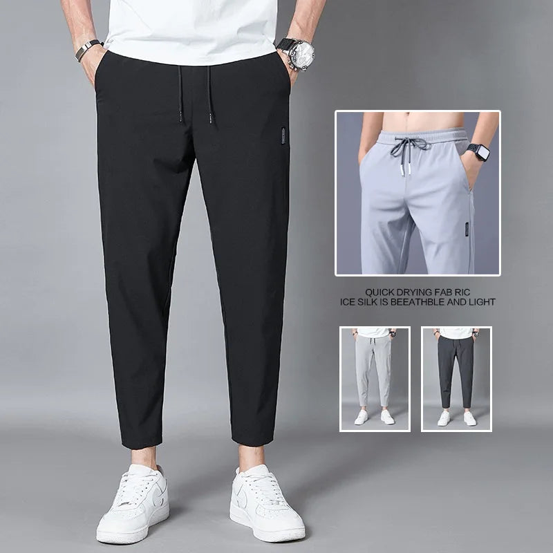 2024 new Men's Ice Silk Trousers Solid Color Mid-Waist Loose Breathable Straight-Leg Casual Pants Thin Quick-Drying Sports Pants  Amaijoin