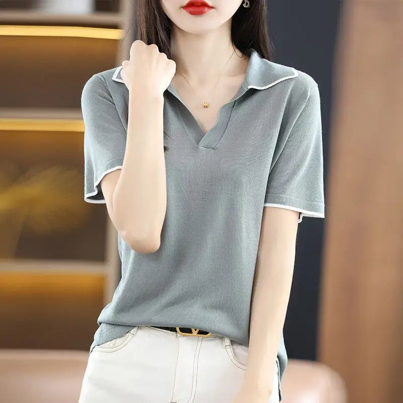 Clothing Short Sleeve Tee T-shirt Woman Plain Polo Neck Shirts for Women Red Tops Sale Luxury Youth Synthetic Aesthetic V Cotton  Amaijoin