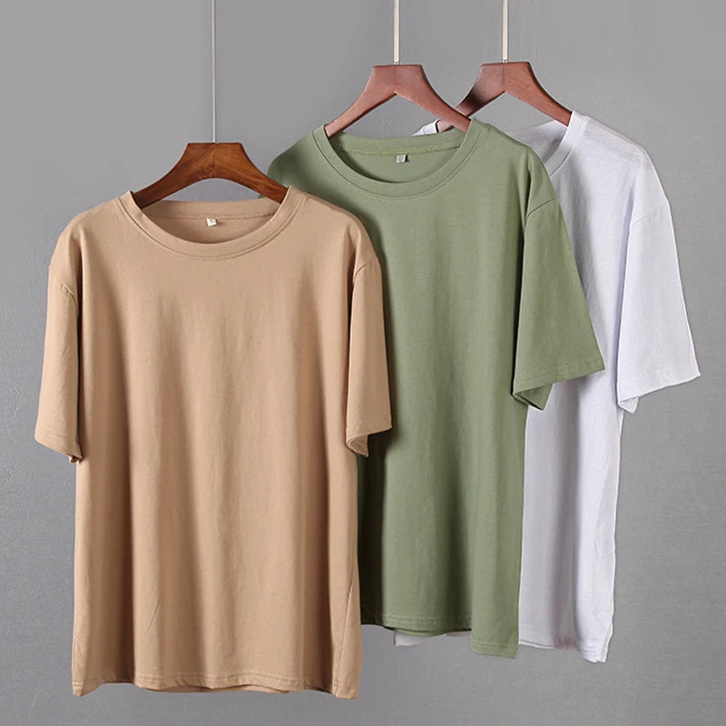 Hirsionsan 100% Cotton Oversized T Shirt Women Harajuku Basic Loose Short Sleeve Tees Soft Female Solid Tops Khaki Summer Jumper  Amaijoin