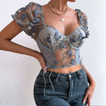 Carregue a imagem no visualizador da Galeria, Koltailace Bufferfly Embroidery Puff Sleeve Top Women V Neck Summer Backless Short Sleeve Sexy Cropped Top Blouse  Amaijoin
