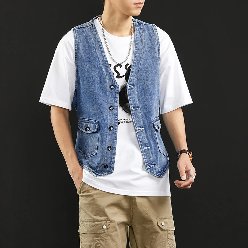 TFETTERS Summer New Denim Vest Men Japanese Casual Loose Washed Old Sleeveless Coat Fashion Solid Color Collarless Denim Jacket  Amaijoin